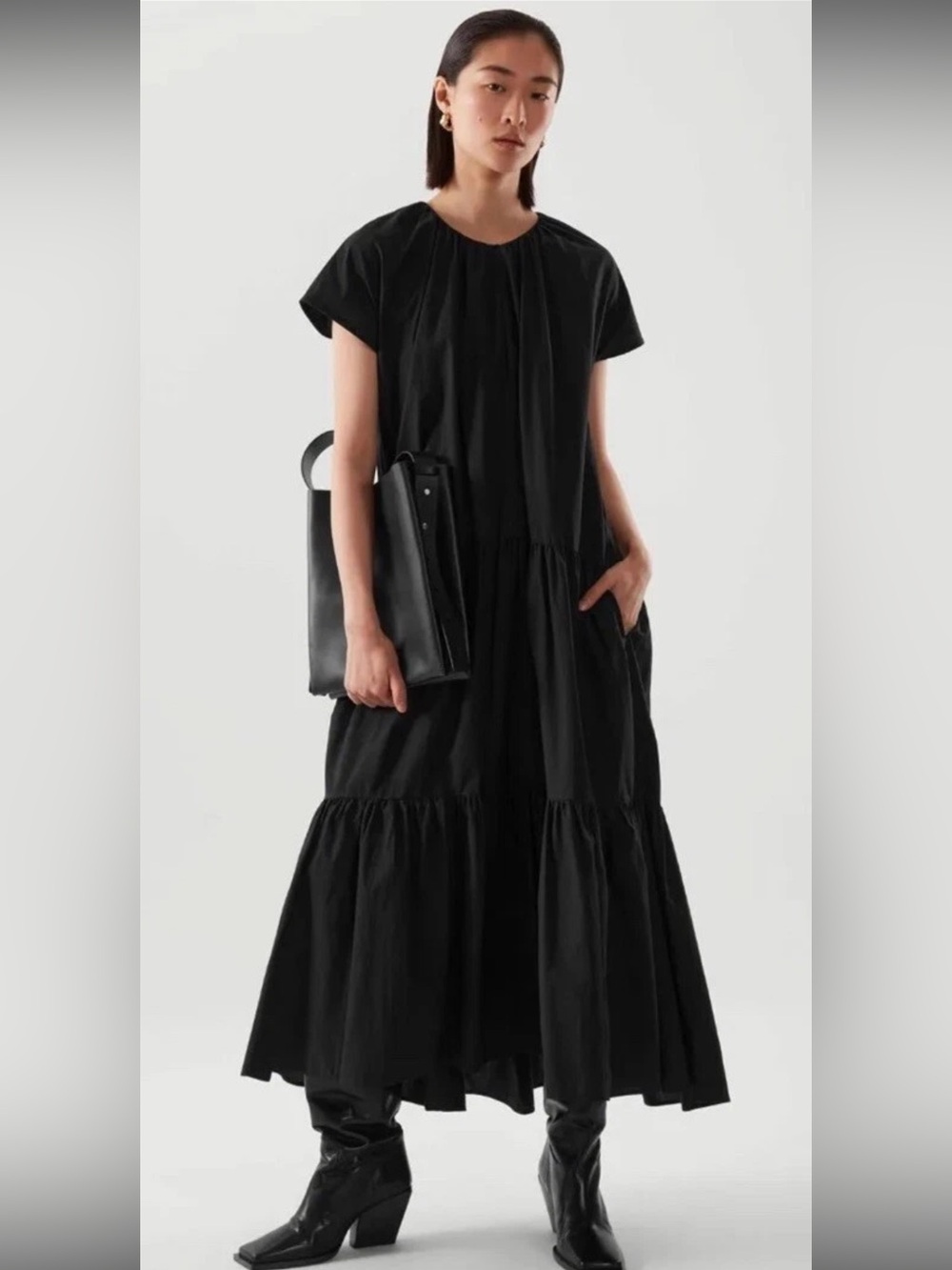 COS Drop Waist Tiered Cap Sleeve Button front drop waist black dress. 4